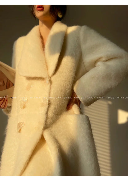 Lautaro Winter Long Vintage White Thick Warm Fluffy Wool Blends Coat Women Double Breasted Elegant Luxury Designer...