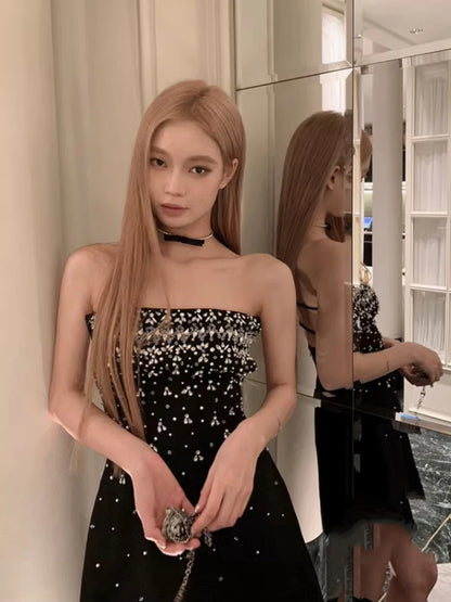 Spring Women Sleeveless Slash Neck Mini Dress New Luxury Diamonds Chest Wrapping Dresses Summer High Waist Backless A-line Dress