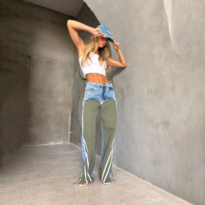 Street Splicing Jeans for Women's Autumn New Style Pants Contrast Striped Fringed Jeans | Kimlud Premium Pants