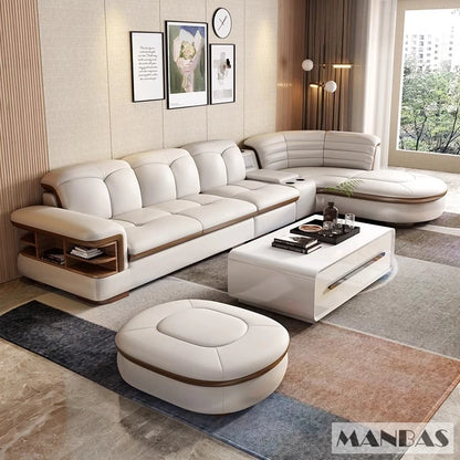 Luxury L-Shaped Genuine Leather Sectional Sofa Sets with USB, Bluetooth Speaker - Linlamlim Living Room Italian Leather Couches - Kimlud