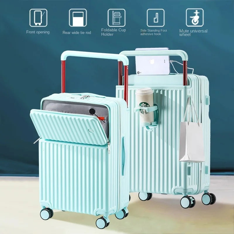 Aluminum Framed Front Open Suitcase Carry-on Bag Wide Handle Luggage Multifunctional 20/28-inch Impact Resistant Travel Bag