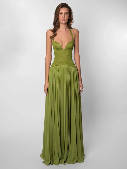 Sexy Halter Neck Lace Corset Pleated Maxi Dress Women Green Sleeveless Backless Lace-up A-line Long Dresses Evening...