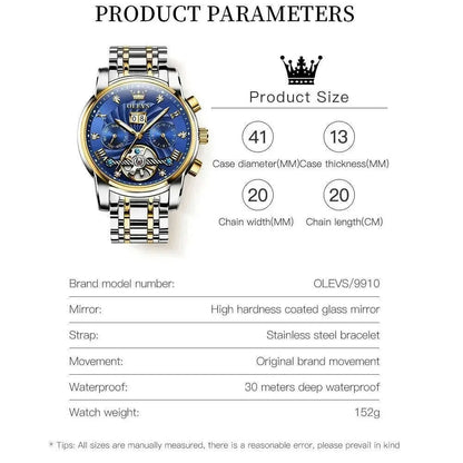OLEVS 9910 Tourbillon Automatic Watch for Men Luxury Skeleton Men's Mechanical Wristwatch Stainless Steel Top Original Man Watch