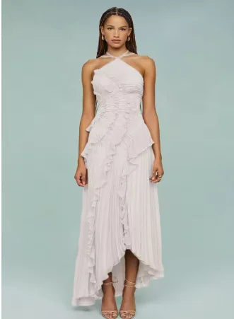 Ruffles Tiered Pleated Maxi Dress Women Summer Fashion A Line Backless Halter Sexy Dresses Gown Elegant Evening Long Party Dress
