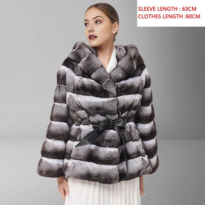 Natural Rex Rabbit Fur Jacket With Hood Women's Winter Jacket Real Rabbit Fur Coat With Belt Hot Selling Genuine Leather Jackets