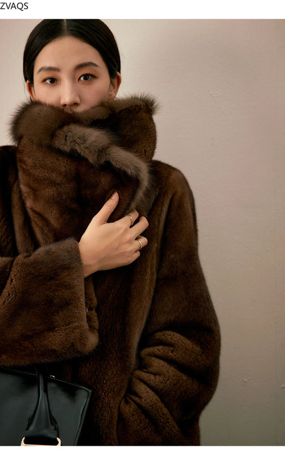 ZVAQS Natural Coffee Mink Fur Coat Women Fashion Long Fur Jacket Winter Luxury Clothes Old Money Style Outerwears 2024 Fourrure