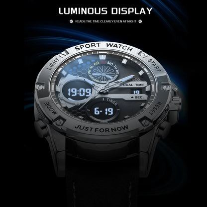 FOXBOX Fashion Men's Luxury Watch Leather Strap Quartz Watches Business Dual Display Waterproof Date Chronograph Man Watch+Box - Kimlud
