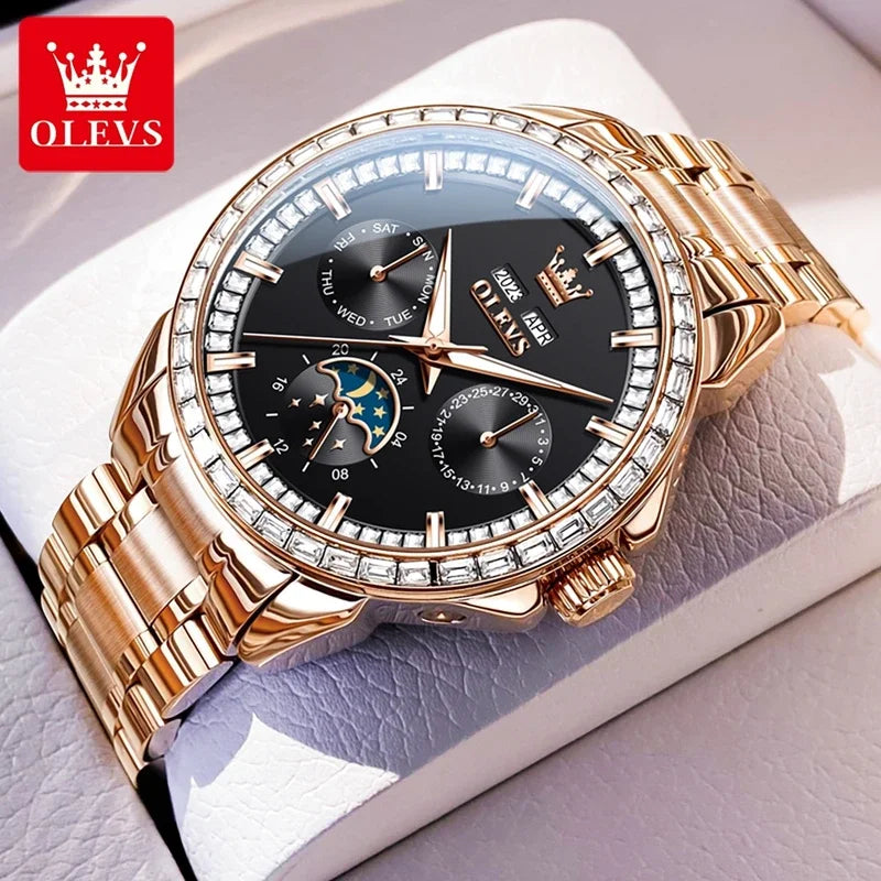 OLEVS 6695 NEW Men's Watches Full Multifunctional Dial Blue Leather Strap Calendar Week Moon Phase Waterproof Wristwatch...