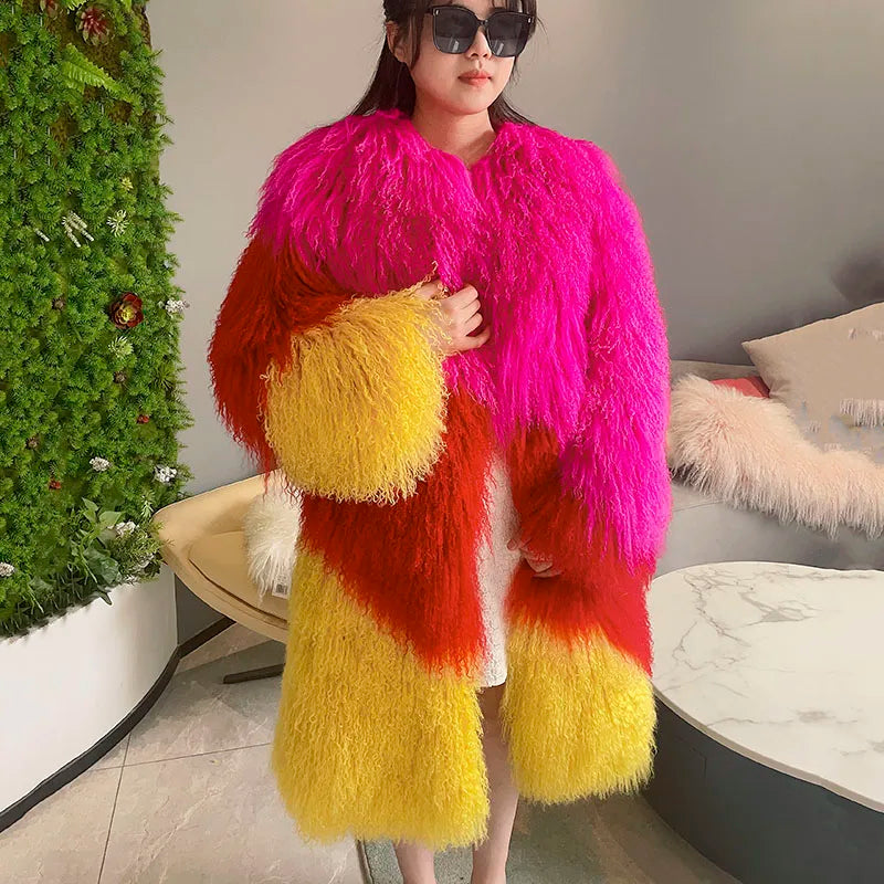 Long Mongolian Real Fur Coat For Women Elegant Fluffy Solid Thicken Warm Long Sleeves Coats Winter Chic Long Style