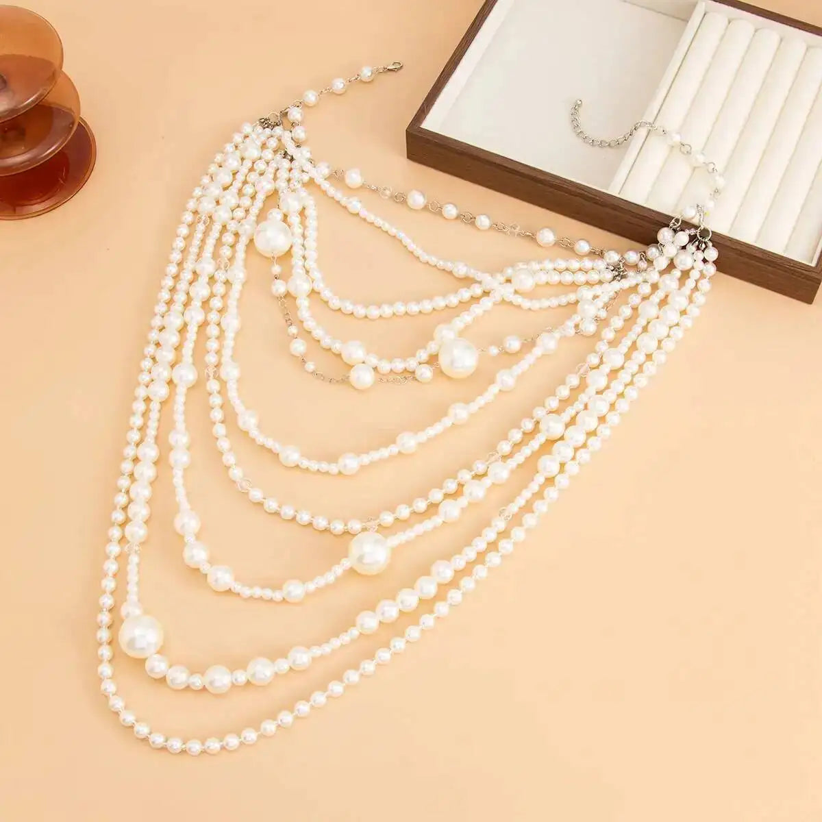 SHIXIN Exaggerated Multi-layer Imitation Pearl Choker Necklace Women Luxury Long Tassel Pendant Sweater Chain Bridal Wed Jewelry