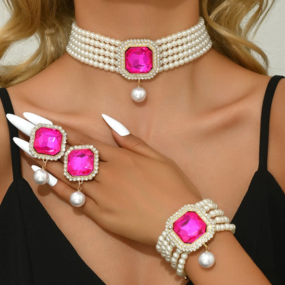 Women's Fashion Light Luxury Short Style Imitation Pearl Rhinestone Necklace Earrings Bracelet Jewelry Set Party Festival Gift