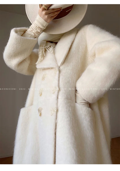Lautaro Winter Long Vintage White Thick Warm Fluffy Wool Blends Coat Women Double Breasted Elegant Luxury Designer...