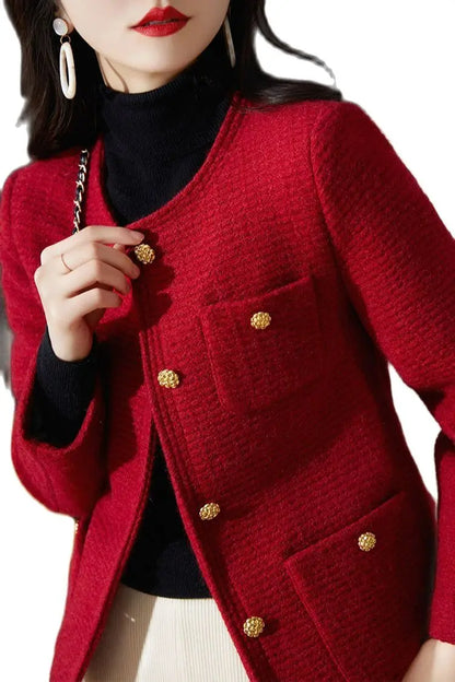 Women's Spring Autumn New Red White Fragrant Coat Chic Outerwear Tops High Street French Fashion
