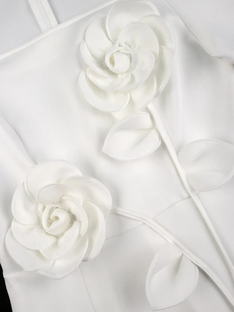 White Evening Party Dresses for Ladies Short Sleeve 3D Flower High Waist Bodycon Birthday Bridesmaid Wedding Guest Midi Gowns