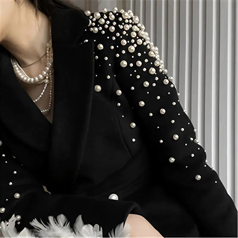 Y2k Beading Double Breasted Woolen Coat Women Slim Fit Long Sleeve Black Tops Mujer 2025 Spring Autumn New Jackets