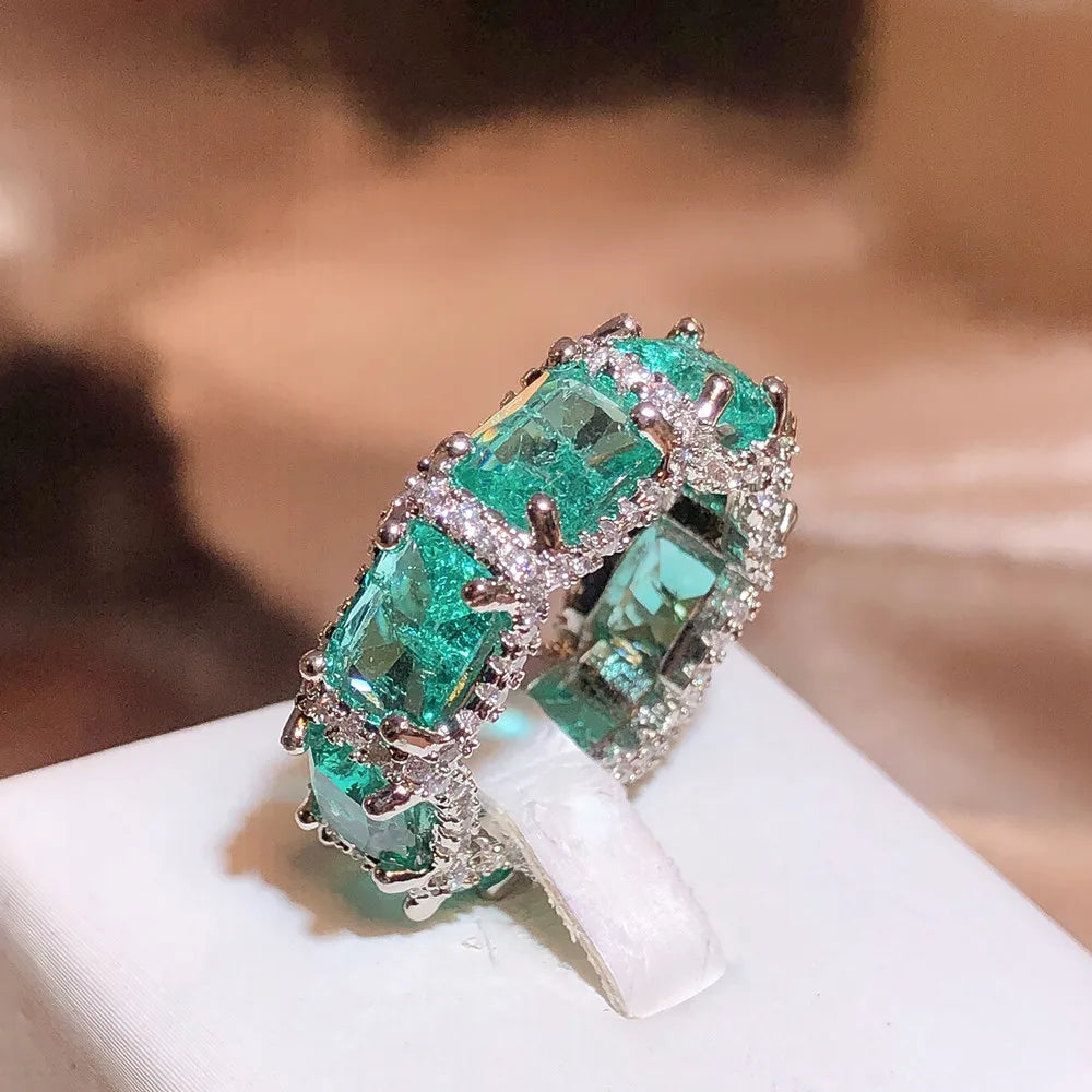 925 Stamp High-definition Paraiba Zircon Jewelry Heavy Industry Inlaid Aquamarine Topaz Ring Women's Party Wedding Rings...