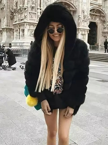 DEAT Fashion Imitation Fox Fur Grass Jacket Women's Hooded Loose Long Sleeves Patchwork Plush Thick Coat Winter New 7A975