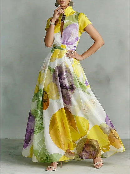 Freeacy Women's Elegant Floral Maxi Dress Deep V-neck Short Sleeve Flowy Evening Dress High Waist Pleated Party Dresses...