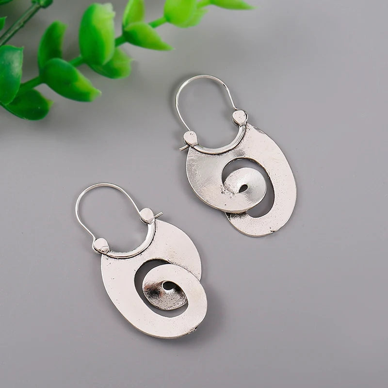 Gypsy Curl Metal Hoop Earrings for Women Jewelry Tribal Silver Color Hollow Spiral Winding Hanging Dangle Earrings - Kimlud