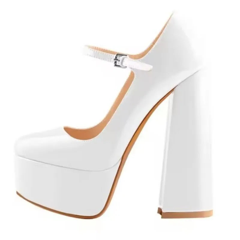 DIZHJUANG Sexy women's high heels. Black patent leather round toe shoes. About 15cm heel height. Coarse heeled Mary Jane...