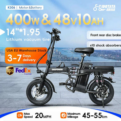 IDOTAT Bicycle Foldable Electric Bike W/ Seat & Basket 14'' 48V 10Ah 400W Motor 22Miles Range 20 MPH Top Speed Ebike for Adults