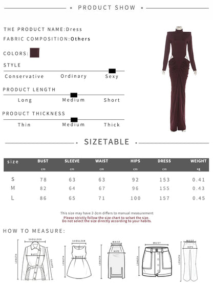 SiSterlinda Ruched Waistless Maxi Dress Women Sexy Shoulder Padded Patchwork Turtleneck Elegant Stretch Skinny Evening Bodycon