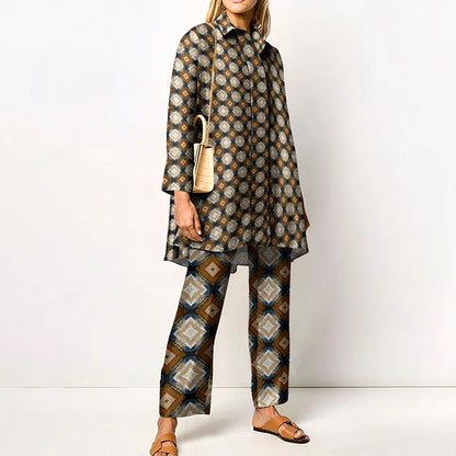 Autumn New Loose Vintage Printed Pant Sets Women Long Sleeve Shirts And Wide Legs Trousers Two Piece Set 2024 Fashion Streetwear
