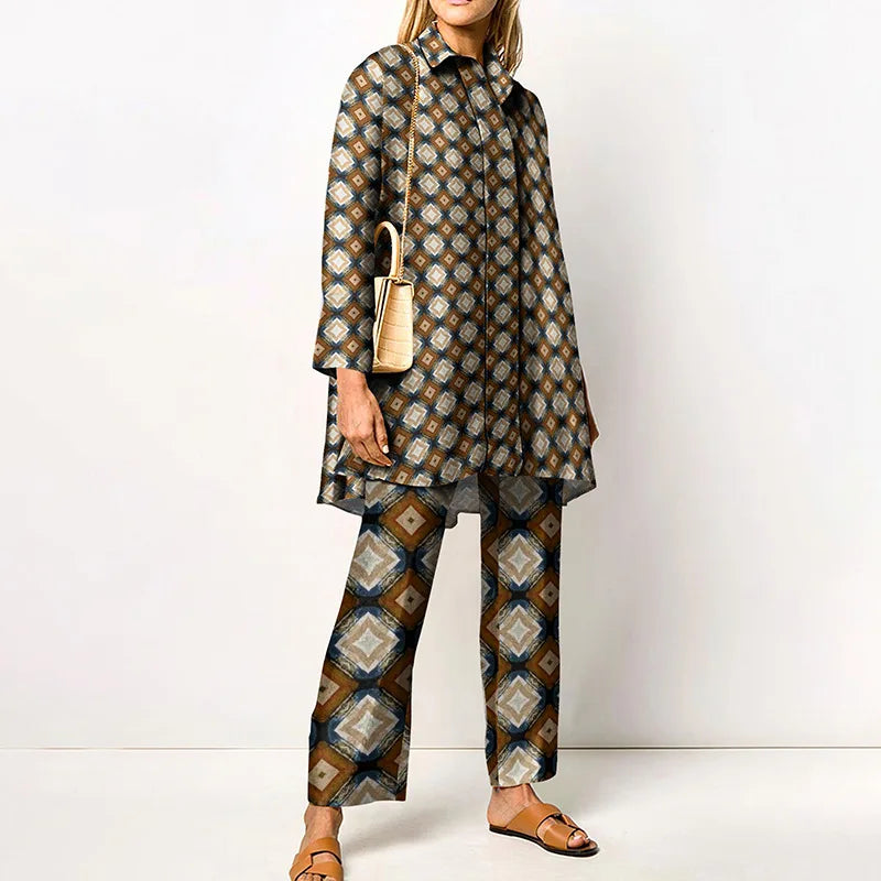 Autumn New Loose Vintage Printed Pant Sets Women Long Sleeve Shirts And Wide Legs Trousers Two Piece Set 2024 Fashion Streetwear