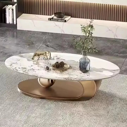 Gold oval coffee table set, sintered stone and marble living room furniture coffee table - Kimlud