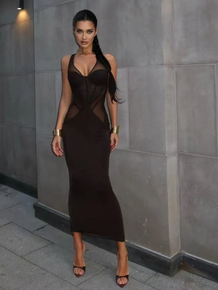 Sexy V Neck Mesh Patchwork See Though Midi Dress Women Brown Sleeveless Bodycon Dresses Runway Celebrity Evening Party...