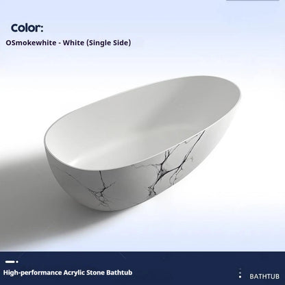 Luxury marble-patterned freestanding bathtub, oval-shaped artificial stone soaking tub, suitable for hotels and villas.