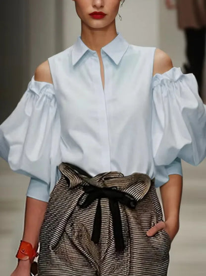 Yeezzi Women's Solid Color Cold Shoulder Lapel Shirts 2025 New Spring Summer Puff Sleeves Loose Pleated Urban Casual...