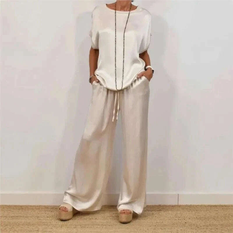 2025 Spring Satin Oversize Women Suit Black V-neck Tops Long Pants Loose Suits Female Summer Casual Trendy Ladies Clothes Sets
