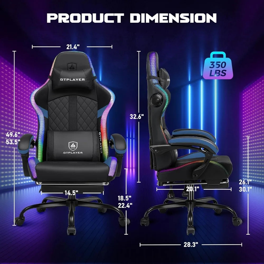 RGB Gaming Chair with Speakers and LED Lights, Ergonomic Computer Chair for Adults, High Backrest, Comfortable for PC Gamers, In
