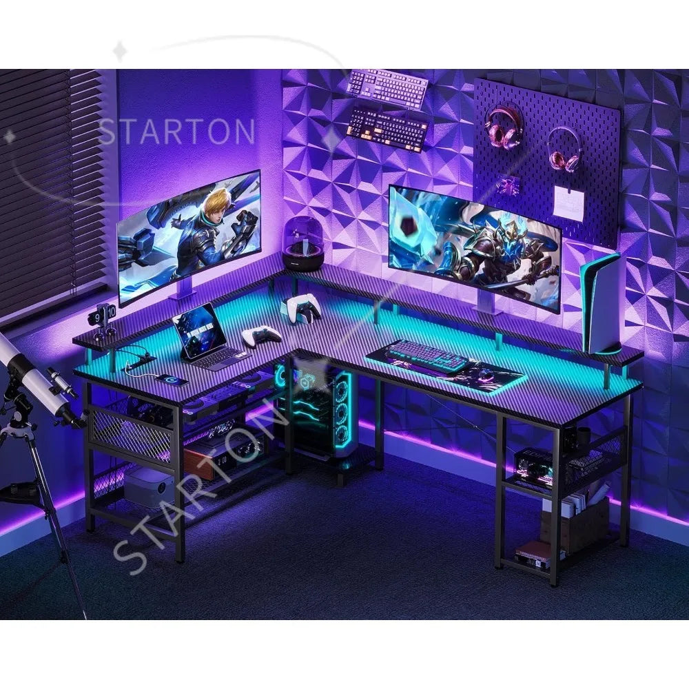 66" L Shaped Gaming Desk with Power Outlet and LED Lights, PC Gaming Table with Carbon Fiber Texture