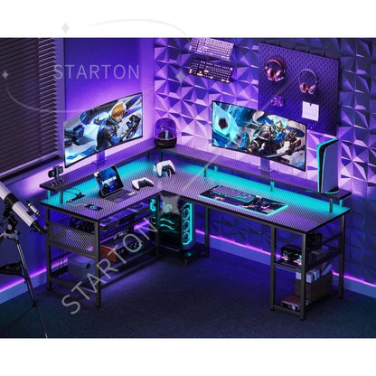 66" L Shaped Gaming Desk with Power Outlet and LED Lights, PC Gaming Table with Carbon Fiber Texture