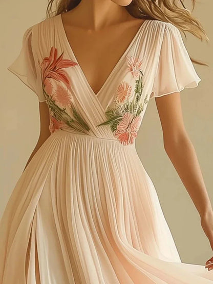 2025 Summer Elegant Women's Dress Casual Bohemian Fashion Floral Print Pleated Dress Sexy V-Neck Short Sleeve Maxi Dresses