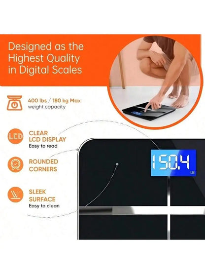 Smart Multi-Function Body Fat & Weight Bathroom Scale with Tempered Glass Wide Platform, 390lbs. For Home, Fitness, Outdoor. - Kimlud