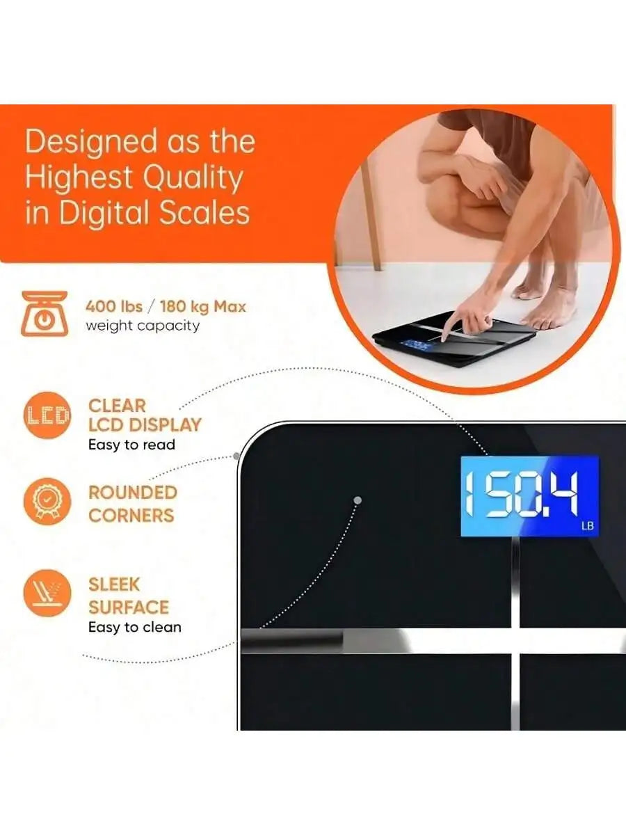 Smart Multi-Function Body Fat & Weight Bathroom Scale with Tempered Glass Wide Platform, 390lbs. For Home, Fitness, Outdoor. - Kimlud