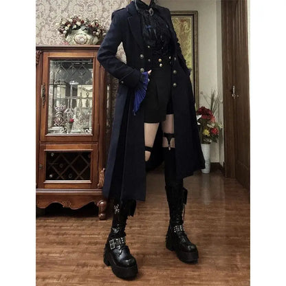 British Style Retro Dark Goth Handsome Black Trench Coat Women Girls Lolita Fake Two Vest White Coats Jacket Y2k Cosplay Clothes