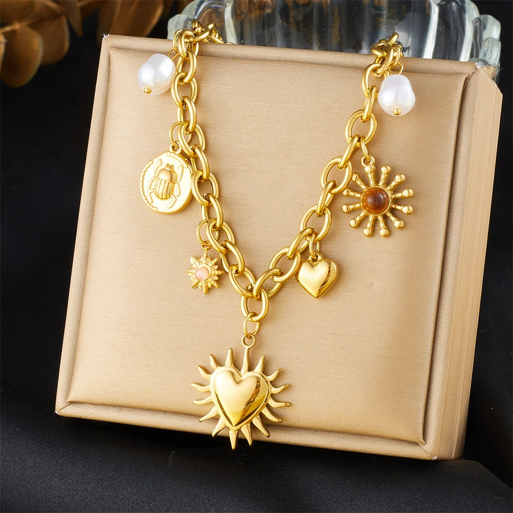 Stainless Steel Golden Summer Sun Heart Drop Necklace For Women Lady New Trend Waterproof Neck Chain Jewelry Gift