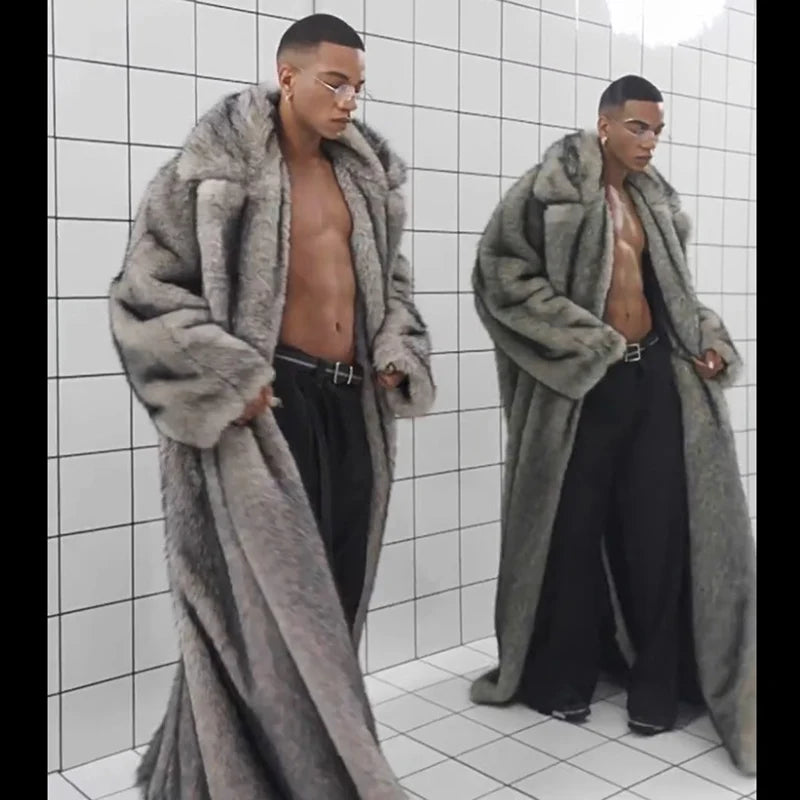 New men's fur coat, fox fur lapels, long trendy overcoat, winter windproof and warm trench coat, large size | Kimlud...