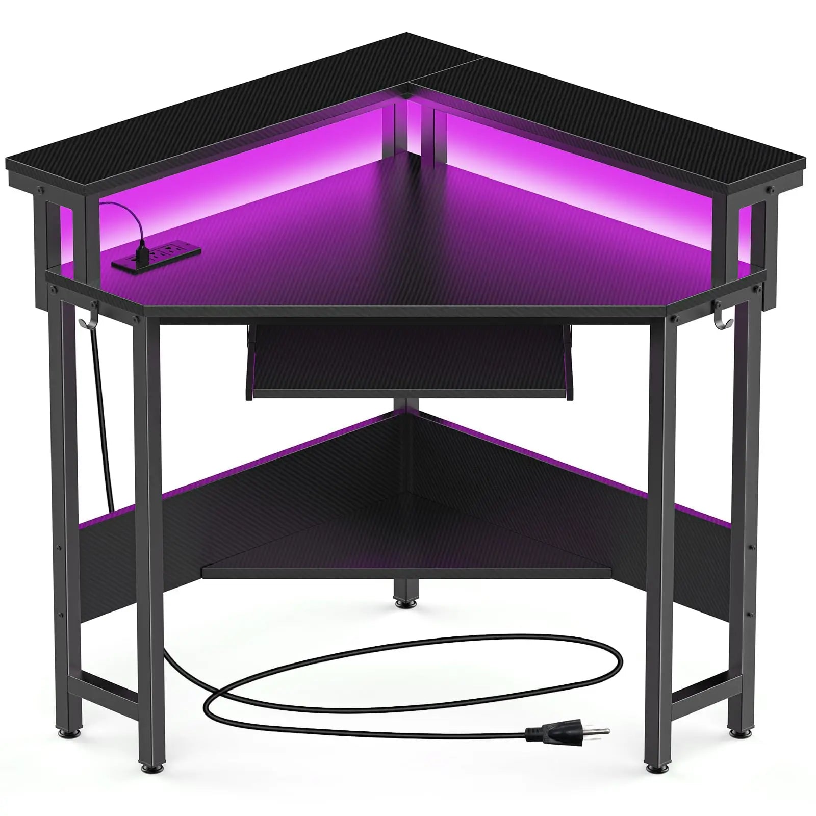 JHK Corner Desk Office Computer Desk for Small Space with LED Lights Gaming Table with Storage Shelves Power Outlets For Home