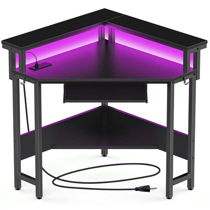 JHK Corner Desk Office Computer Desk for Small Space with LED Lights Gaming Table with Storage Shelves Power Outlets For Home
