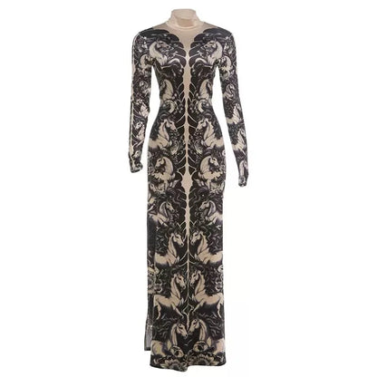Spring New Women's Long Sve High Collar Plant Print Maxi Top Faionable Individuatic f High Ne Long Open Split Top