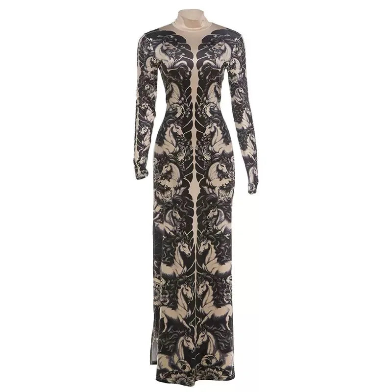 Spring New Women's Long Sve High Collar Plant Print Maxi Top Faionable Individuatic f High Ne Long Open Split Top