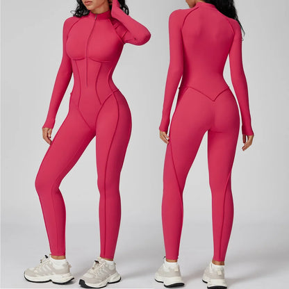 Sexy Rompers Workout Zipper Jumpsuit Long Sleeve Sports Bodysuits Women Gym Running Fitness Suits One-piece Tracksuit Sportswear - Kimlud