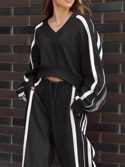 New Fashion Long-sleeved V-neck Cropped Top + Wide-leg Pants 2-piece Set For Women Autumn Color-blocked Pocket Loose Suit Female