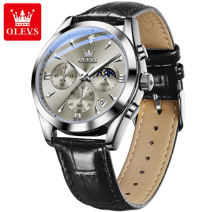 OLEVS Luxury Men's Watches Leather Strap Waterproof Luminous Chronograph Moon Phase Man Watch Top Original Quartz Watch for Men