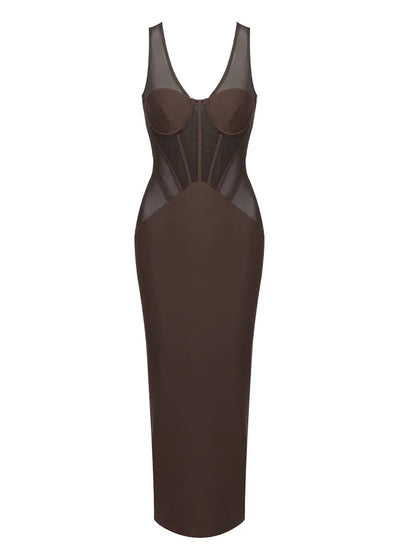 Sexy V Neck Mesh Patchwork See Though Midi Dress Women Brown Sleeveless Bodycon Dresses Runway Celebrity Evening Party...